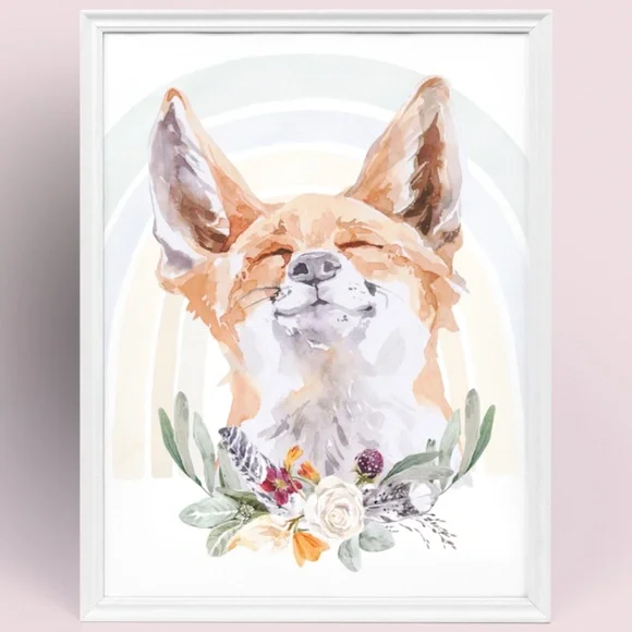 Watercolor Floral Red Fox Wall Art Illustration Print Poster Card Unframed - Picture 1 of 8